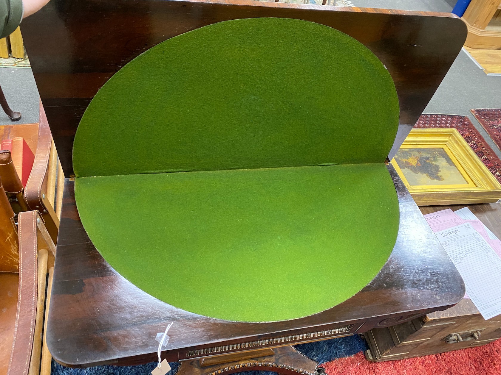 A William IV rosewood folding card table, width 92cm, depth 45cm, height 74cm
